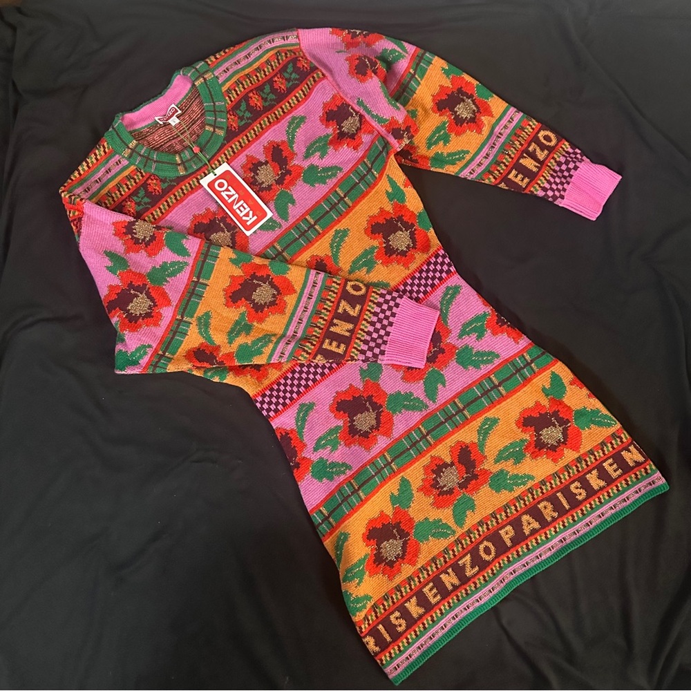 Kenzo Crewneck Multicolor Patterned Sweater Dress NWT size Large